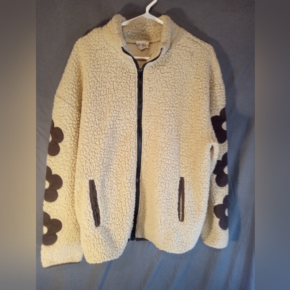 Cozy Bibi Cream Sherpa Jacket with Black Flower Accents